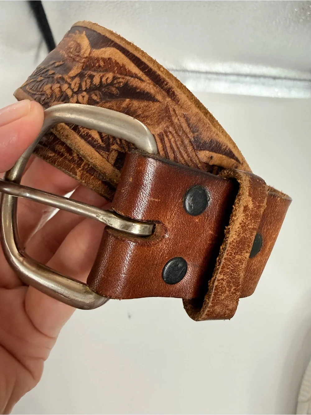 Tooled brown leather belt size 38 western